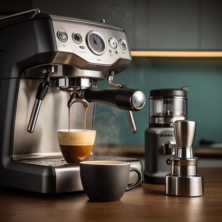 Siebträgermaschine mit Espressoauslauf, Tamper und fein eingestellter Kaffeemühle