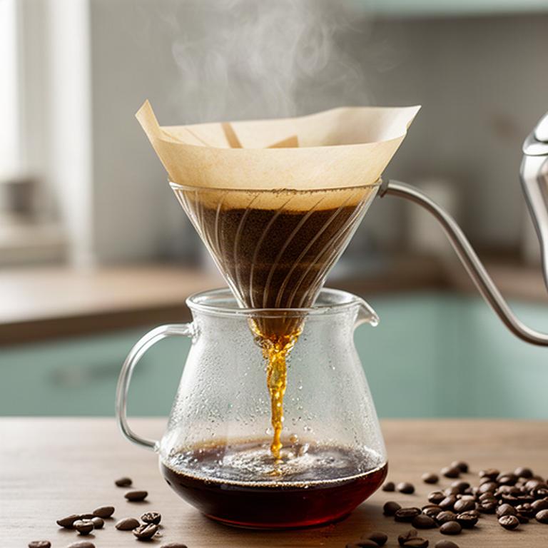 Hario V60 auf einer Glaskanne mit frisch aufgegossenem Kaffee in einer ruhigen Küche