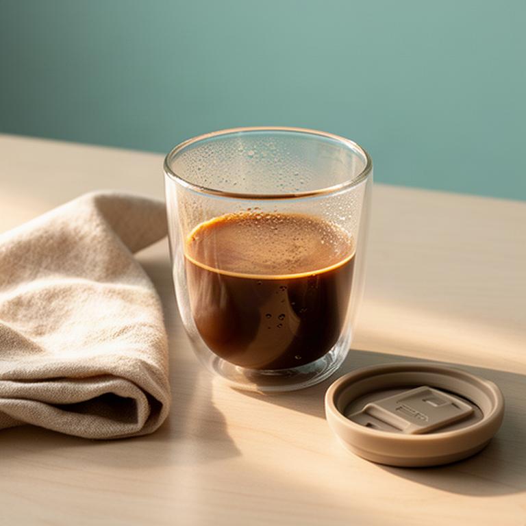 Wiederverwendbarer Glasbecher mit Kaffee neben einer Stoffserviette