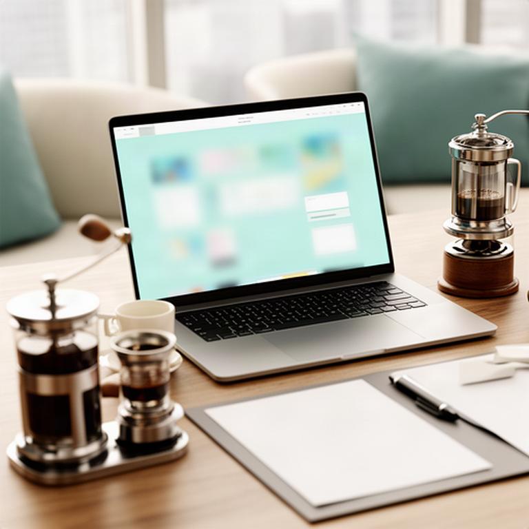Laptop mit geöffneter Website und Kaffeewerkzeug auf einem Beratungstisch