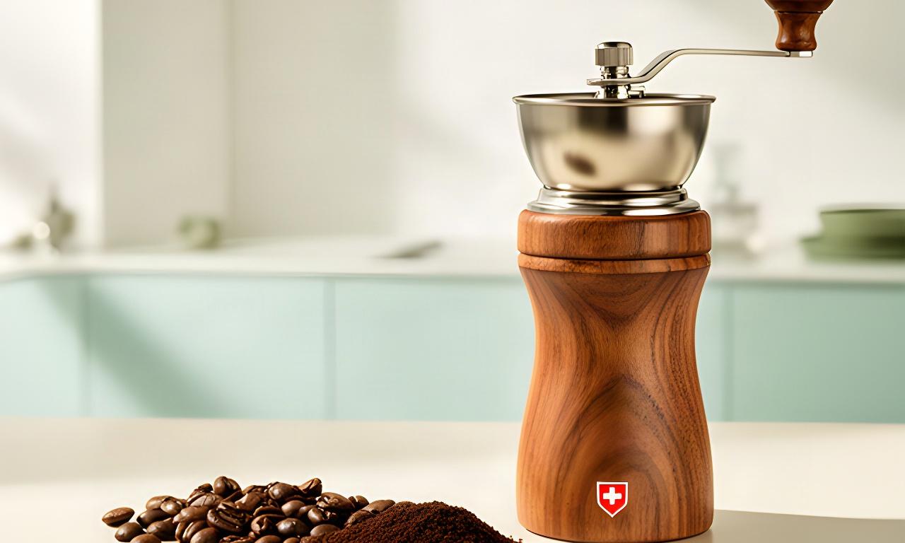 Handmühle aus Schweizer Eiche und frisch gemahlene Kaffeebohnen auf einer hellen Arbeitsfläche