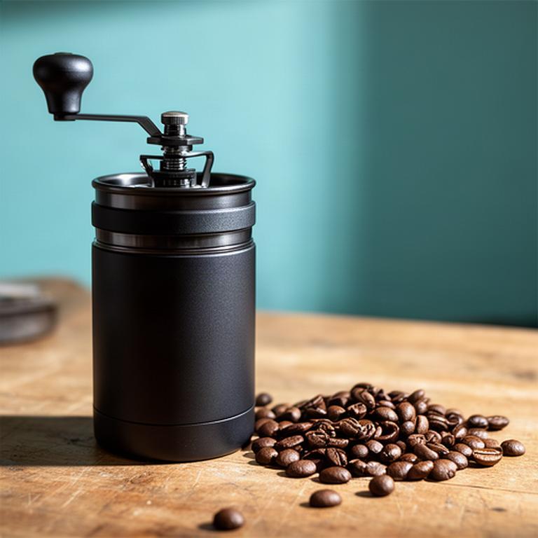 Schwarze Handkaffeemühle neben frischen Kaffeebohnen auf einem Arbeitstisch
