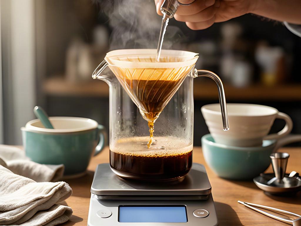 Digitale Kaffeewaage unter einer Glaskanne während einer präzisen Handfilter-Zubereitung
