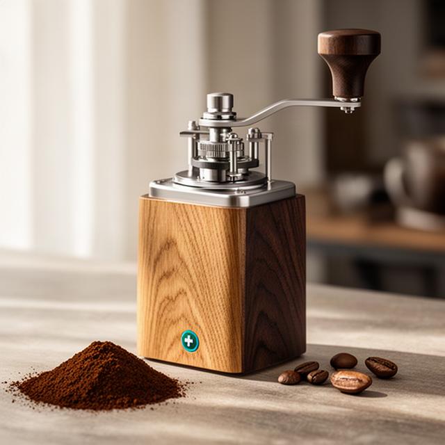 Präzisions-Handmühle aus Schweizer Eiche neben gemahlenem Kaffee