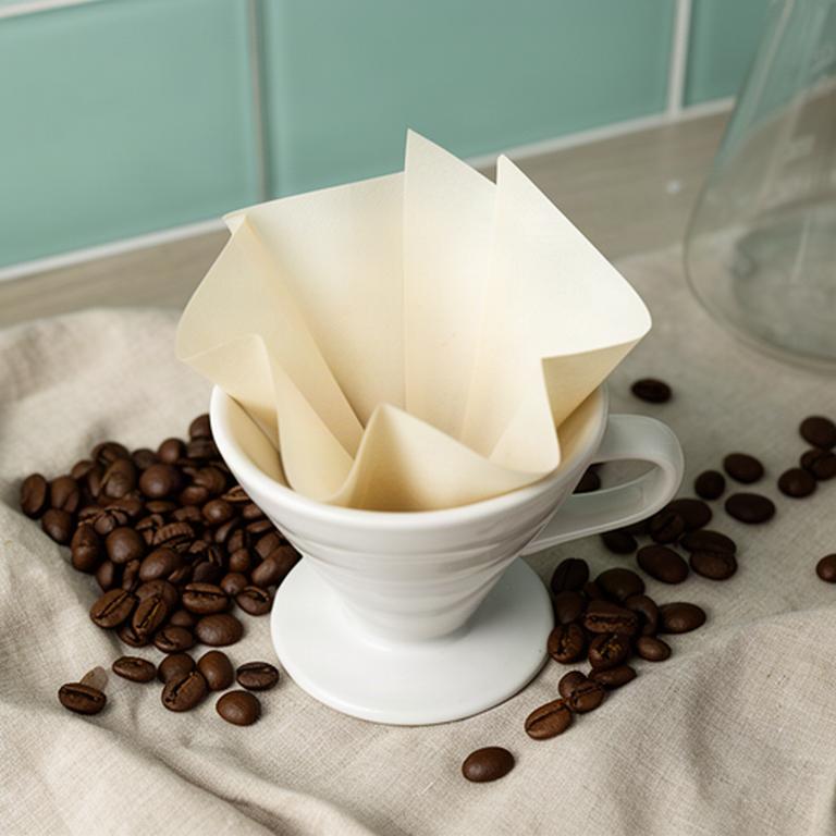 Gefaltetes Filterpapier, Keramikhalter und Kaffeebohnen auf einer Küchenablage