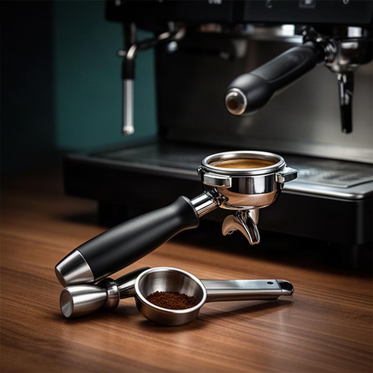 Espressosieb mit Tamper und Dosierbecher neben einer Siebträgermaschine