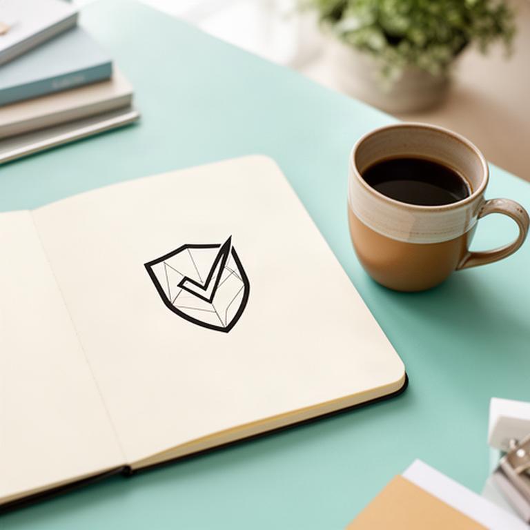 Notizbuch mit Datenschutzsymbol neben einer Tasse Kaffee in einem hellen Büro