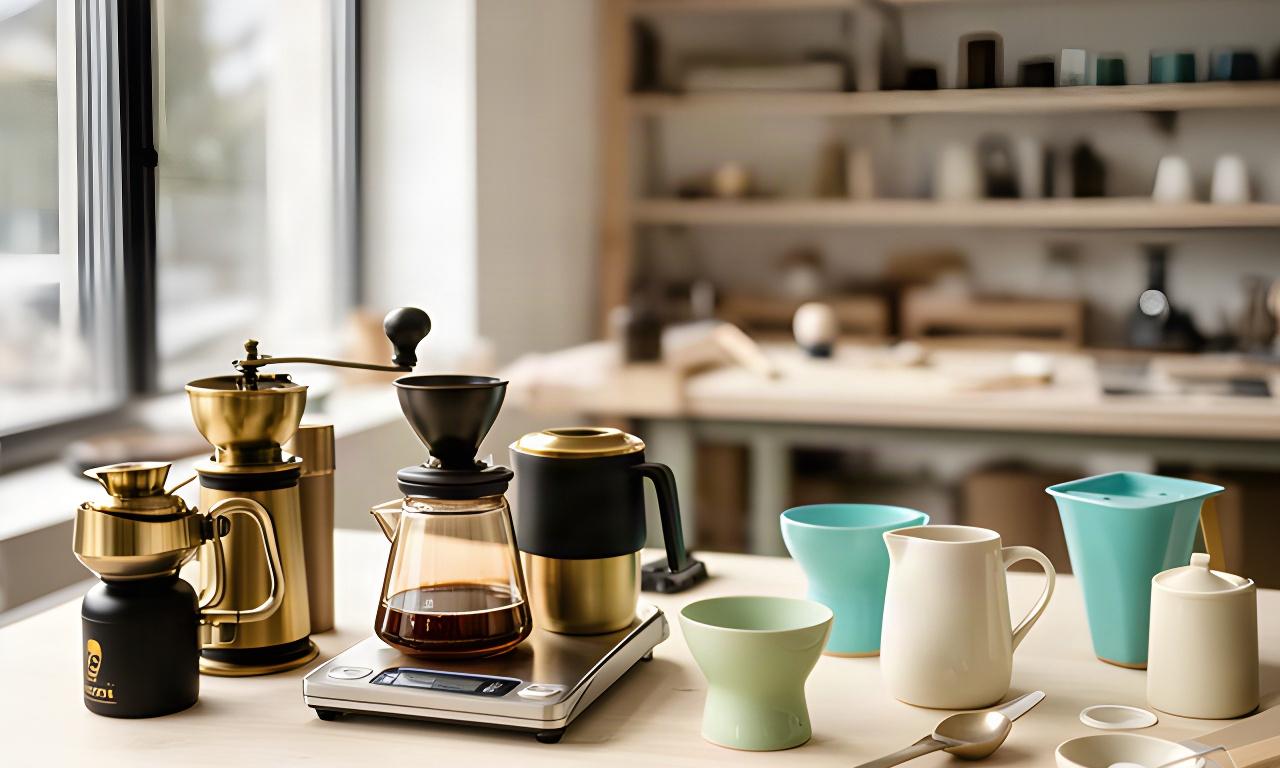 Werkstatt in Landquart mit präzisen Kaffeeutensilien auf einer hellen Holzbühne