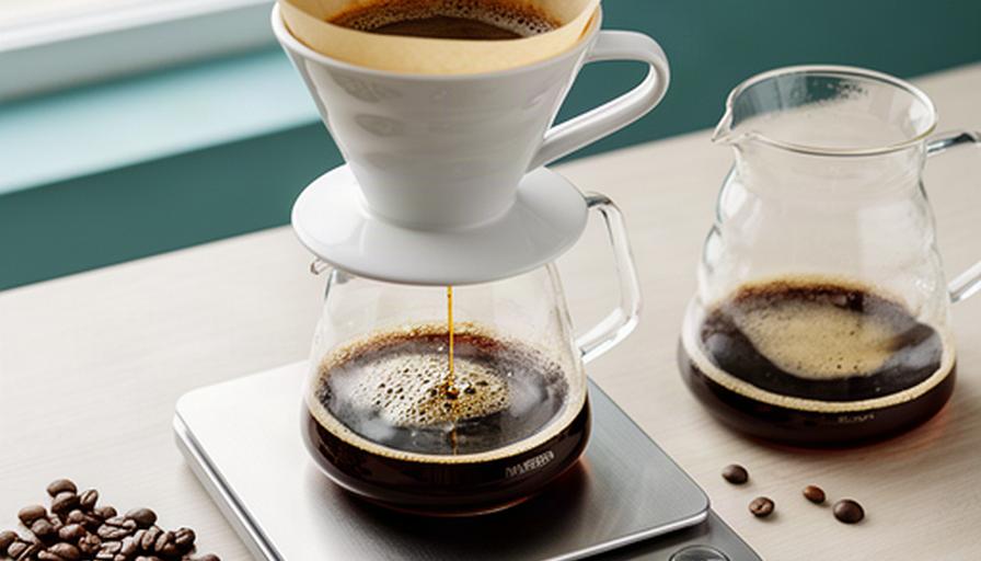 Edelstahl-Kaffeewaage mit Timer unter einem Pour-Over-Handfilter