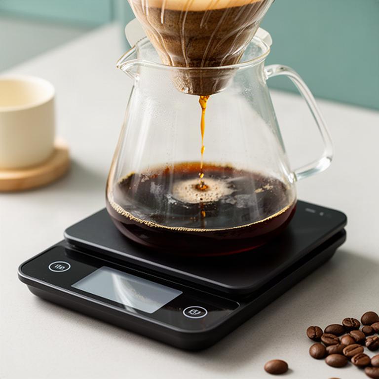 Digitale Kaffeewaage unter einer Filterkaffeekanne mit gut lesbarer Anzeige